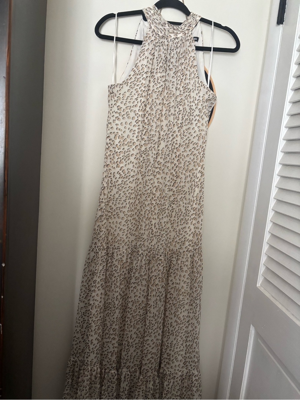 Express Cream Leopard Print Halter Maxi Dress